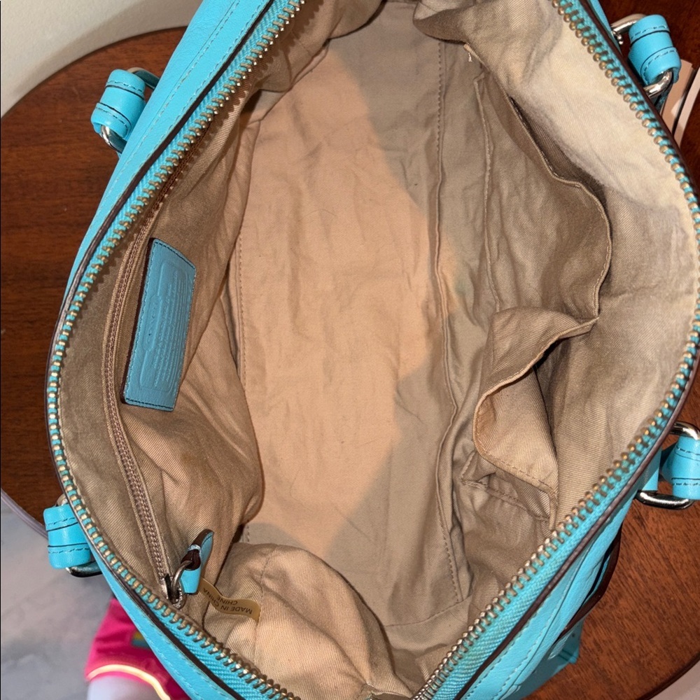 Coach perforated leather Haley Satchel turquoise/white tassels & hangtag Exce - Picture 15 of 17
